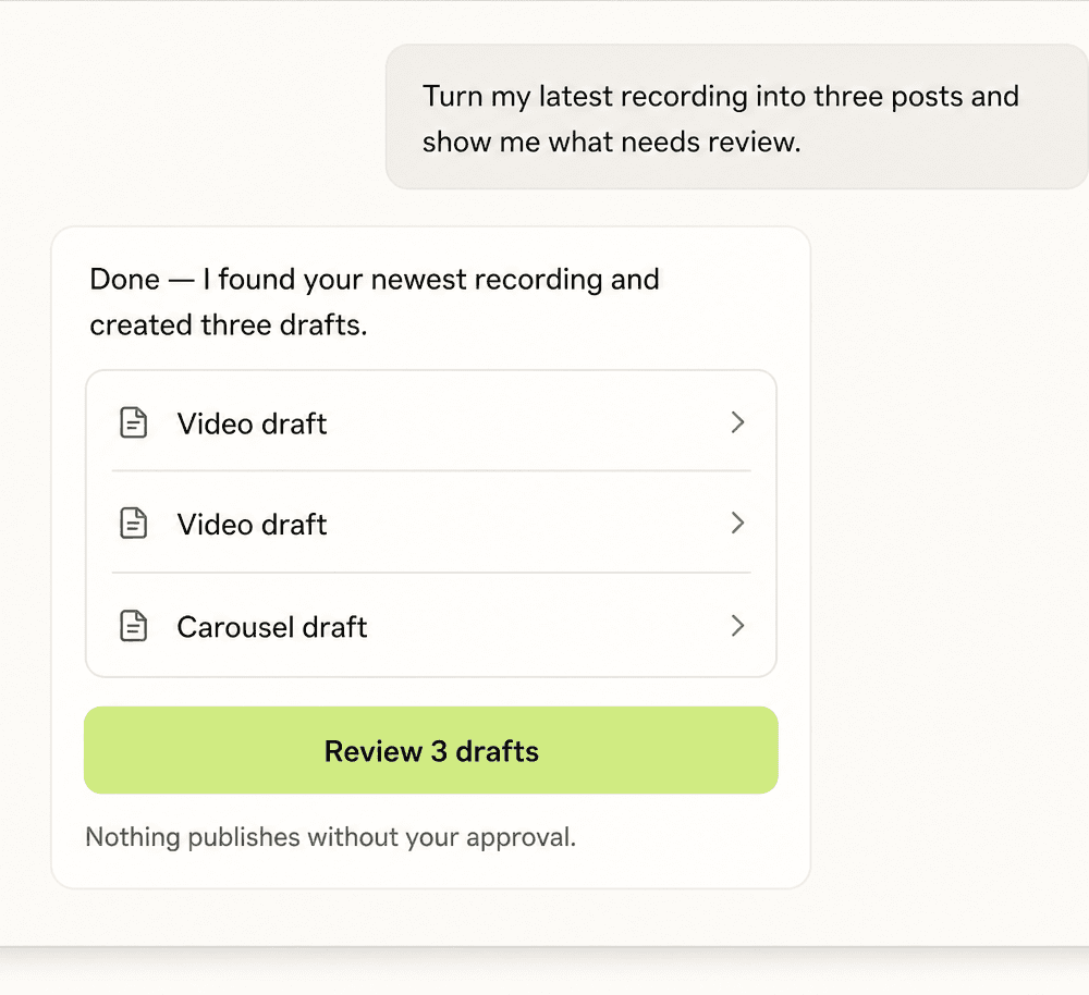 A Claude-style assistant conversation where ClipMyApp turns one request into three drafts ready for review.